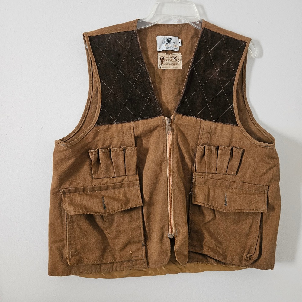 Vintage Black Sheep Brand Hunting Vest Brown Canvas Suede Quilted Shoulder Large